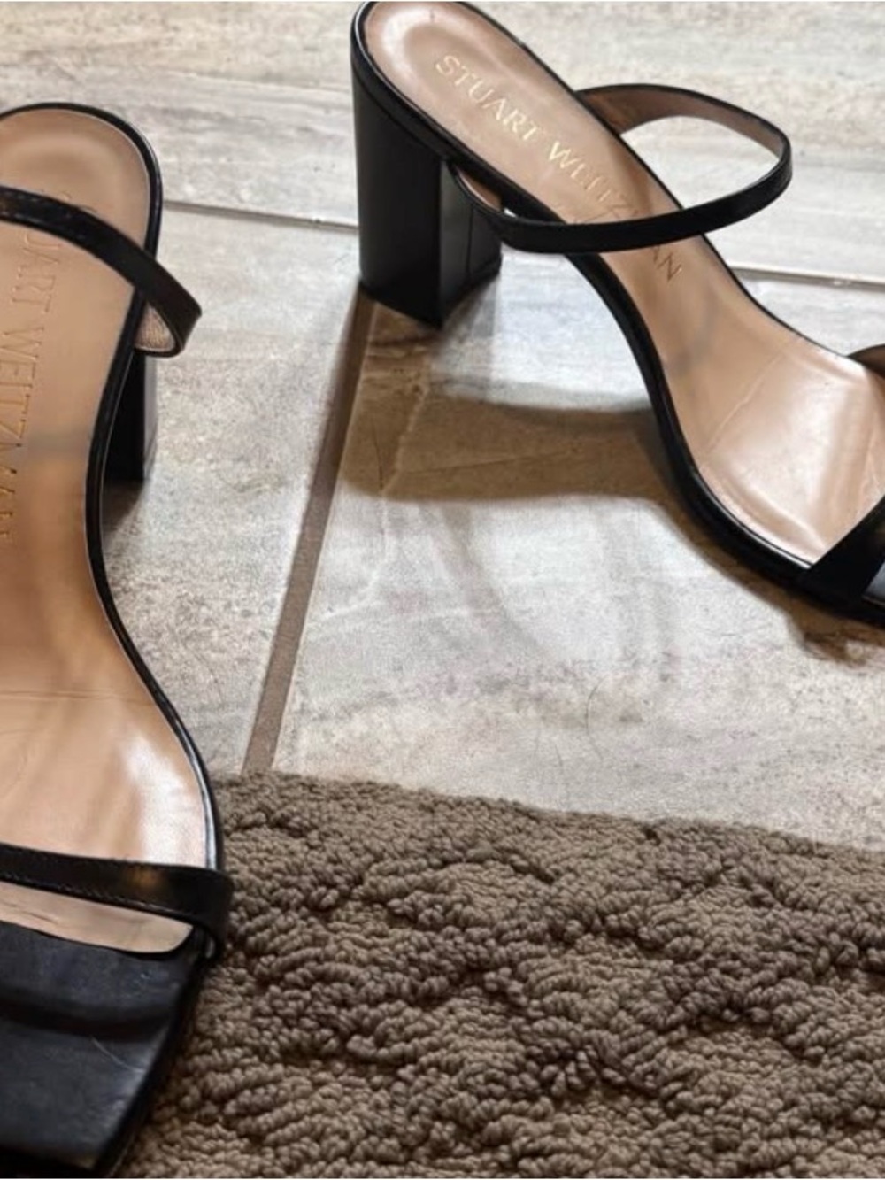 Stuart Weitzman Black Napa Leather Aleena Block Heel Sandals - Picture 2 of 5